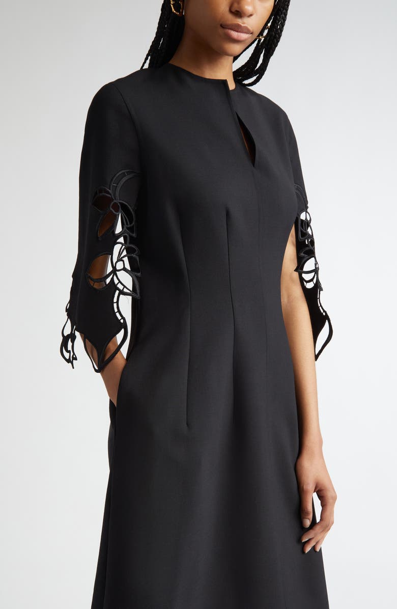 Oscar de la Renta Orchid Embroidered Split Sleeve Dress, Alternate, color, Black