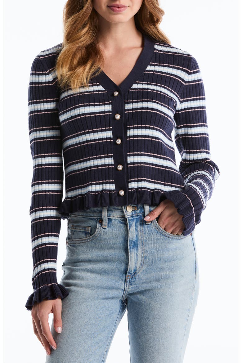 Ruffle Hem Cardigan, Main, color, PEACOAT STRIPE