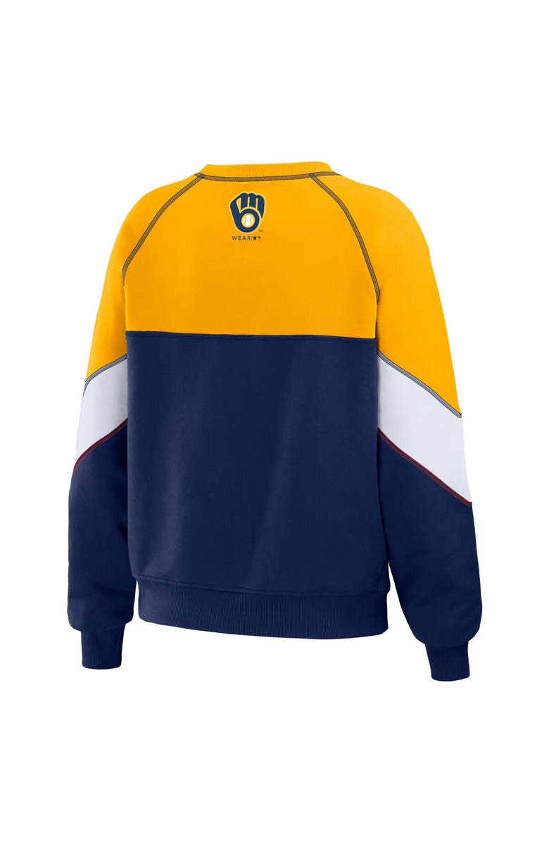 WEAR by Erin Andrews Women's WEAR by Erin Andrews Gold/Navy Milwaukee Brewers Color Block Crew Neck Pullover Sweatshirt, Alternate, color,