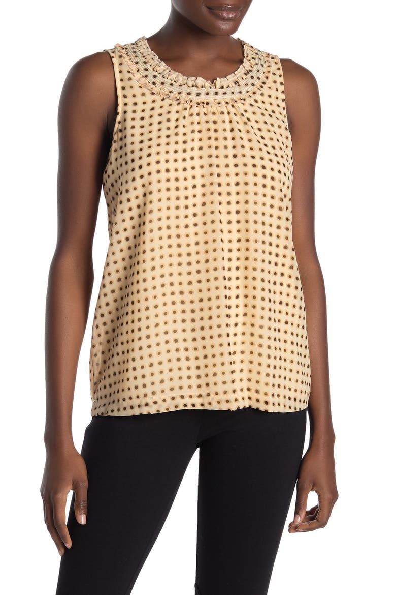 Dot Print Ruffle Trim Tank Top, Main, color, WHEAT