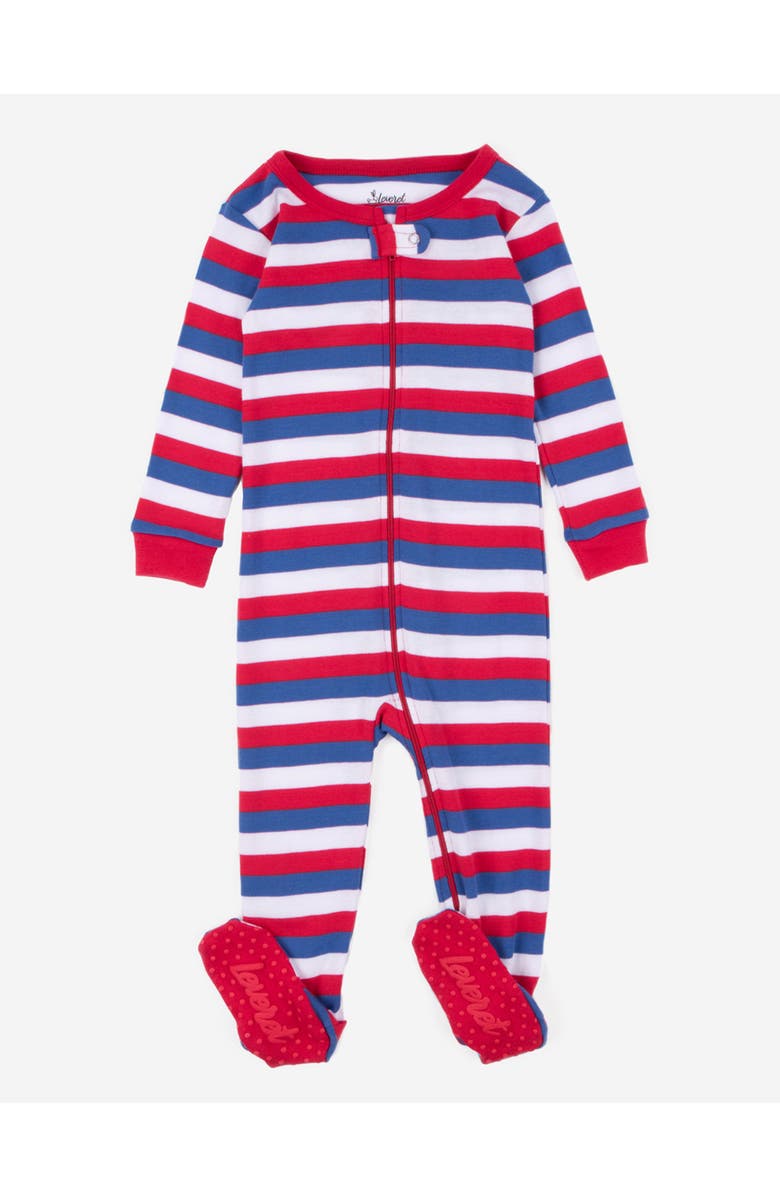 Leveret Kids Cotton Footed Pajamas, Solids, Stripes & Tie Dye, Main, color, Striped Red White & Blue