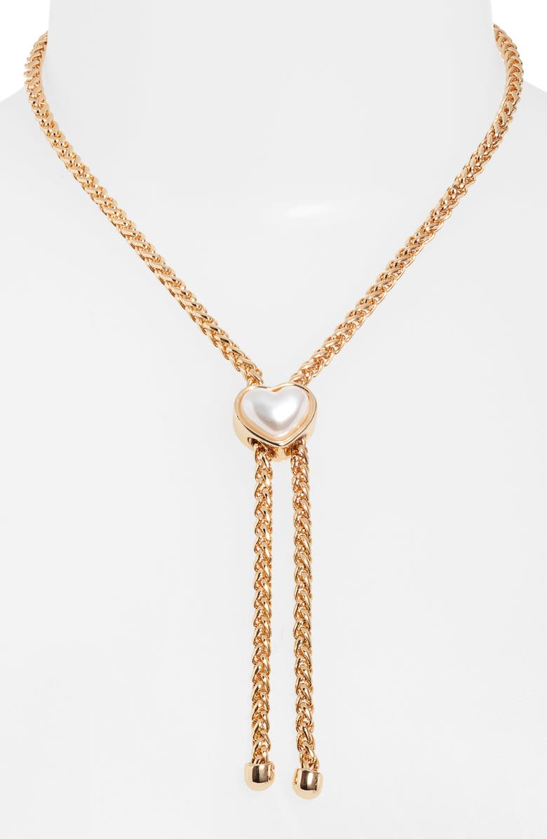Open Edit Faux Pearl Heart Slide Wheat Chain Bolo Necklace, Alternate, color, 
