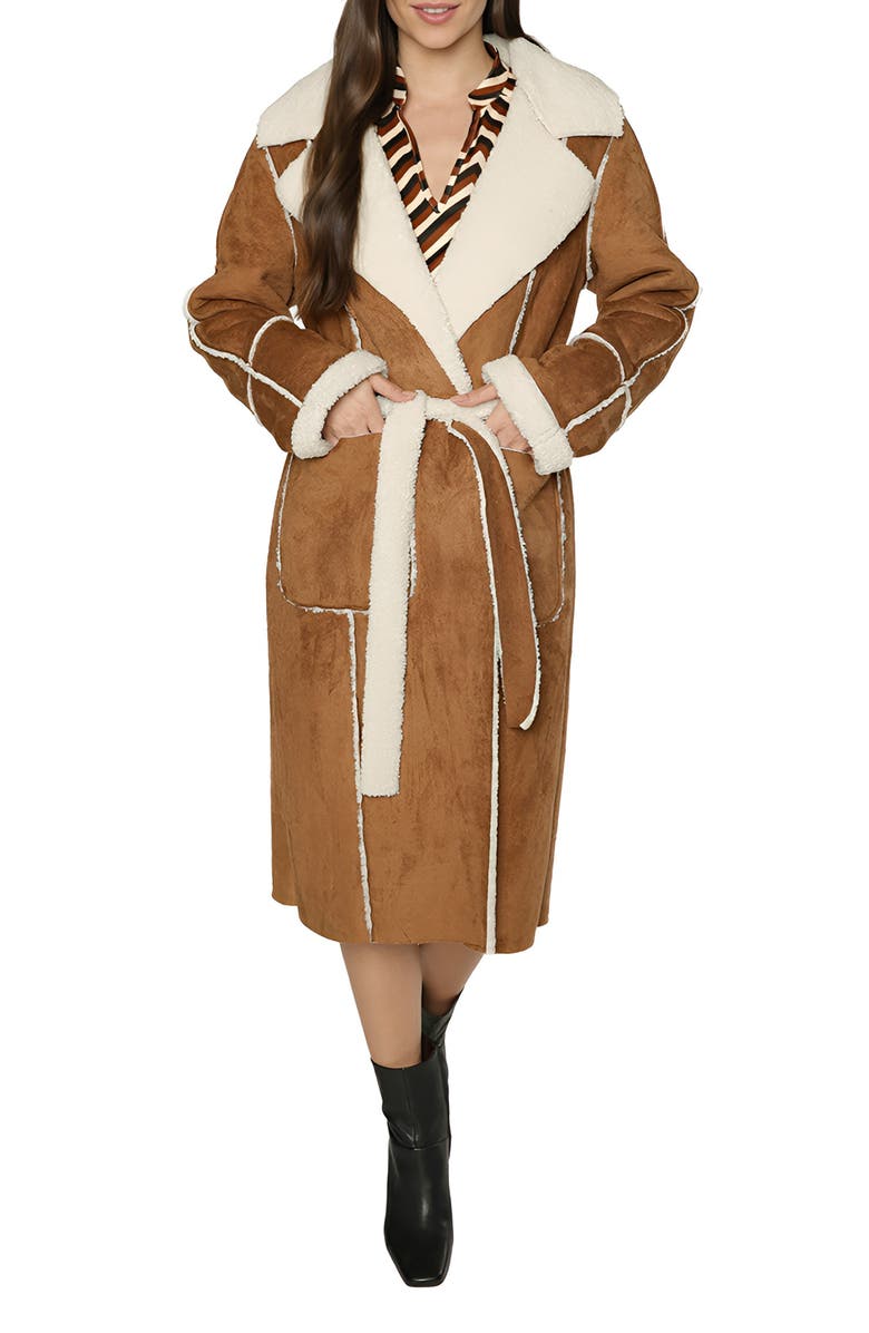 matty m. Michelle Faux Suede & Faux Shearling Trench Coat, Main, color, Camel