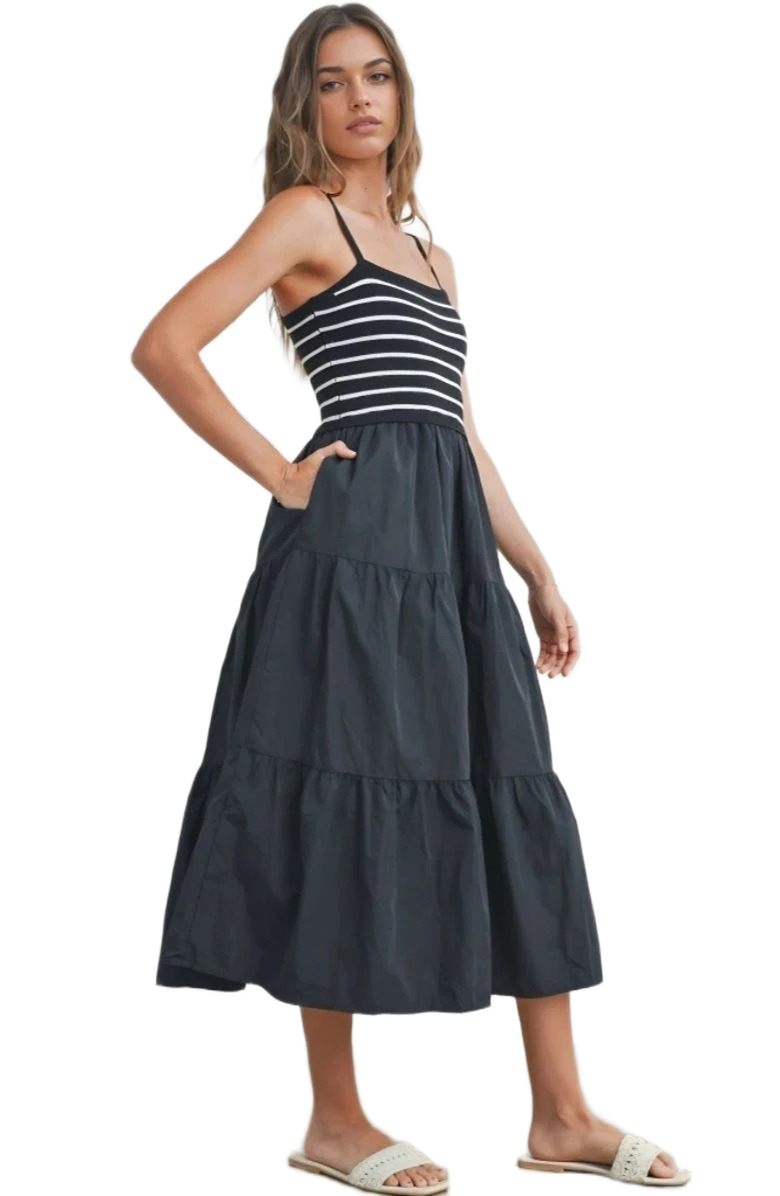 Knit and Lounge Knit Bodice Tiered Spaghetti Strap Midi Dress, Alternate, color, 