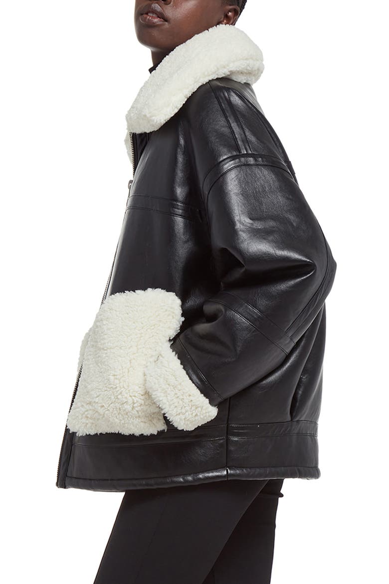 Catalina Faux Leather & Shearling Bomber Jacket, Alternate, color, NOIR IVORY