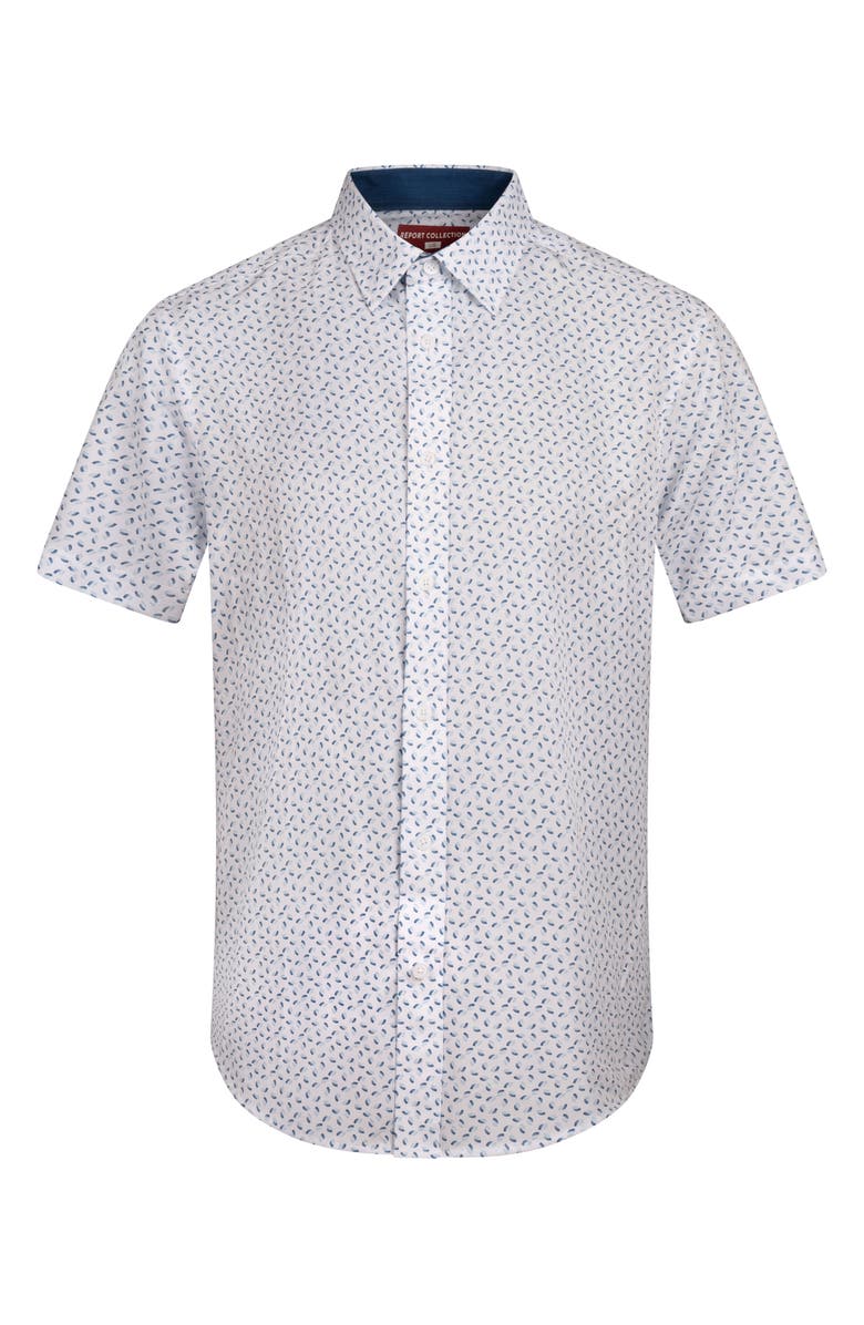 Report Collection Geo Print Short Sleeve Stretch Button-Up Shirt, Alternate, color, White
