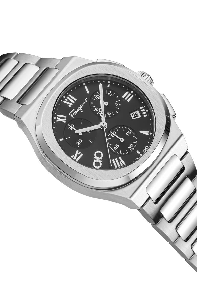 FERRAGAMO Elliptical Bracelet Strap Chronograph Watch, 38mm, Alternate, color, Black/ Stainless Steel