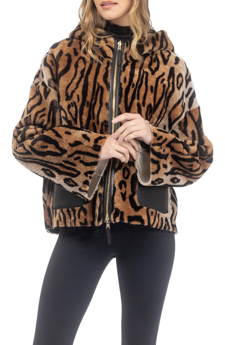 GORSKI Genuine Shearling Hooded Jacket, Reversible, Alternate, color, Ocelo Print/Gold