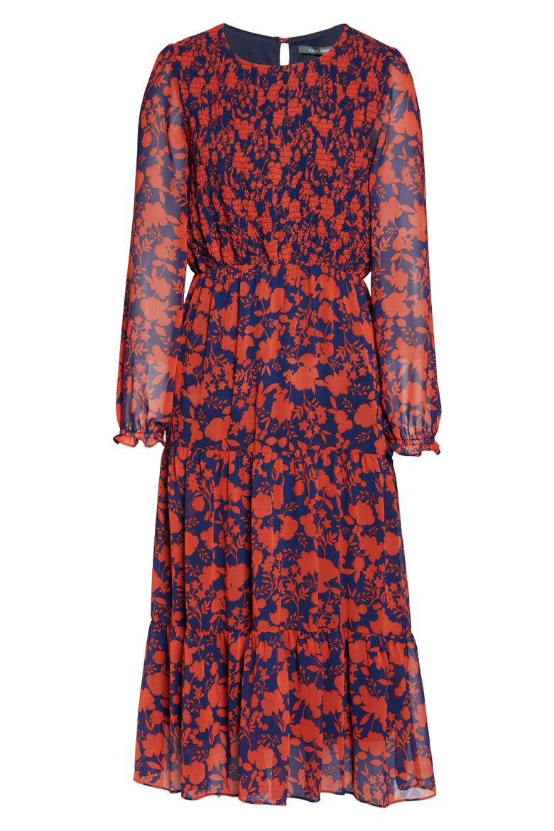 Floral Long Sleeve Chiffon Midi Dress, Alternate, color, NAVY/ ORANGE