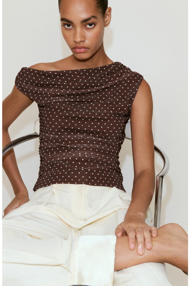 Asymmetrical Polka Dot Off the Shoulder Mesh Top, Alternate, color, BROWN