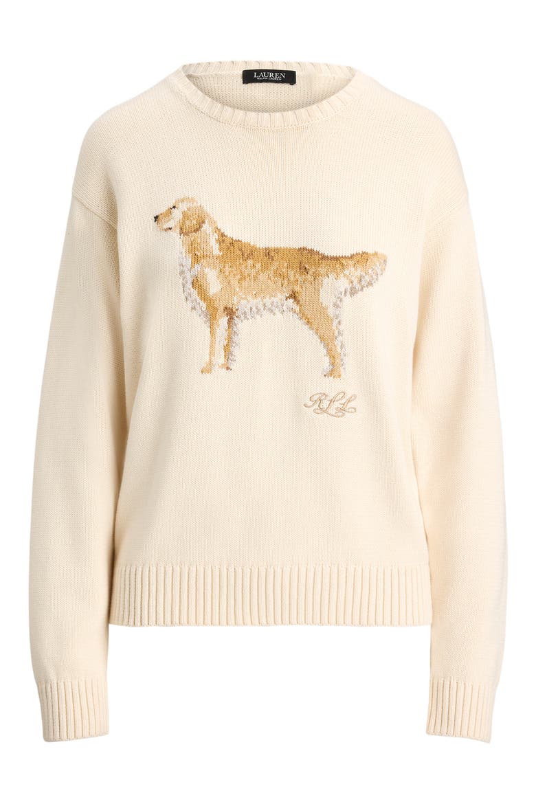 Intarsia Golden Retriever Cotton Sweater, Alternate, color, MASCARPONE CREAM