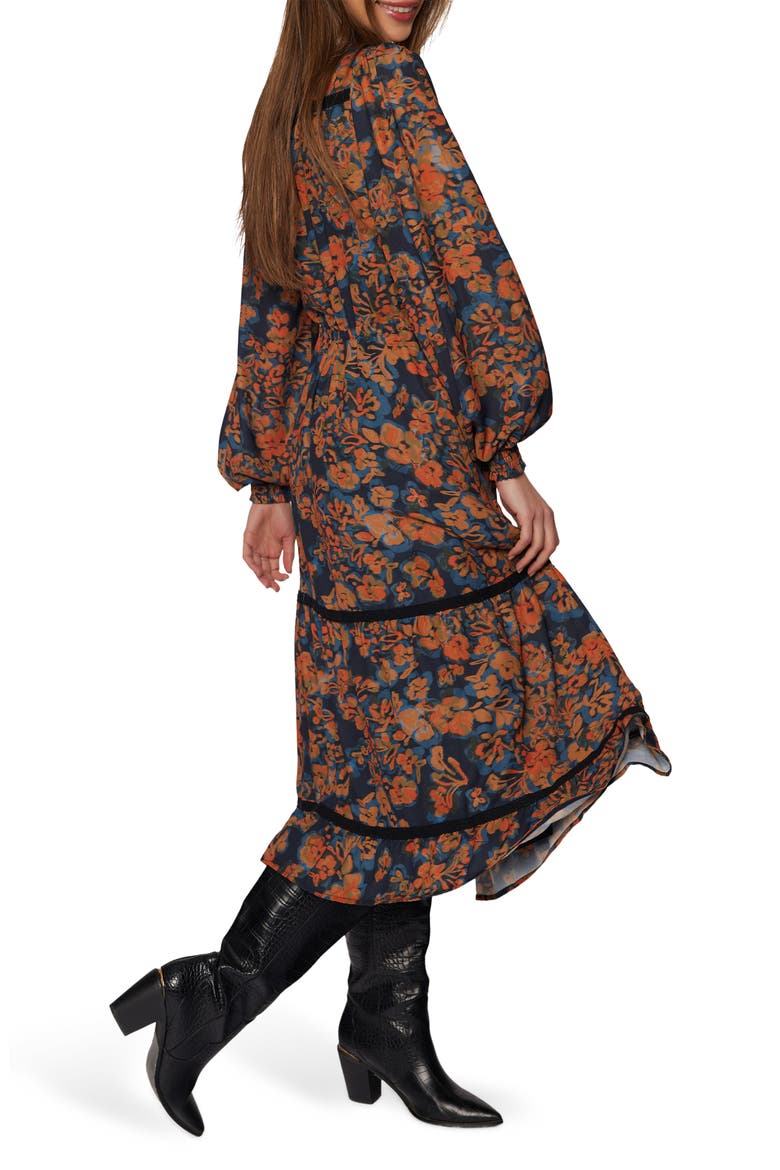 Embers Bloom Long Sleeve Tiered Dress, Alternate, color, BLACK-MULTI-FLORAL