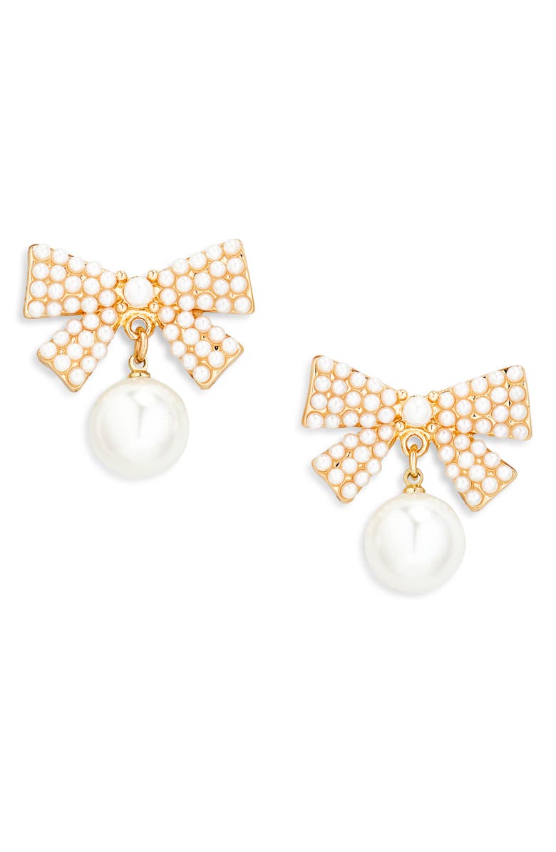 Tasha Faux Pearl Bow Stud Earrings, Main, color, Gold Ivory