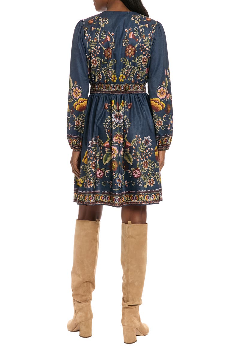 Printed Long Sleeve Fit & Flare Dress, Alternate, color, DENIM/ PINK