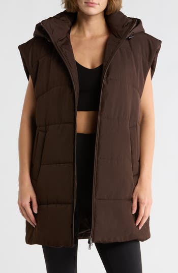 Z By Zella Hooded Long Quilted Vest In Brown