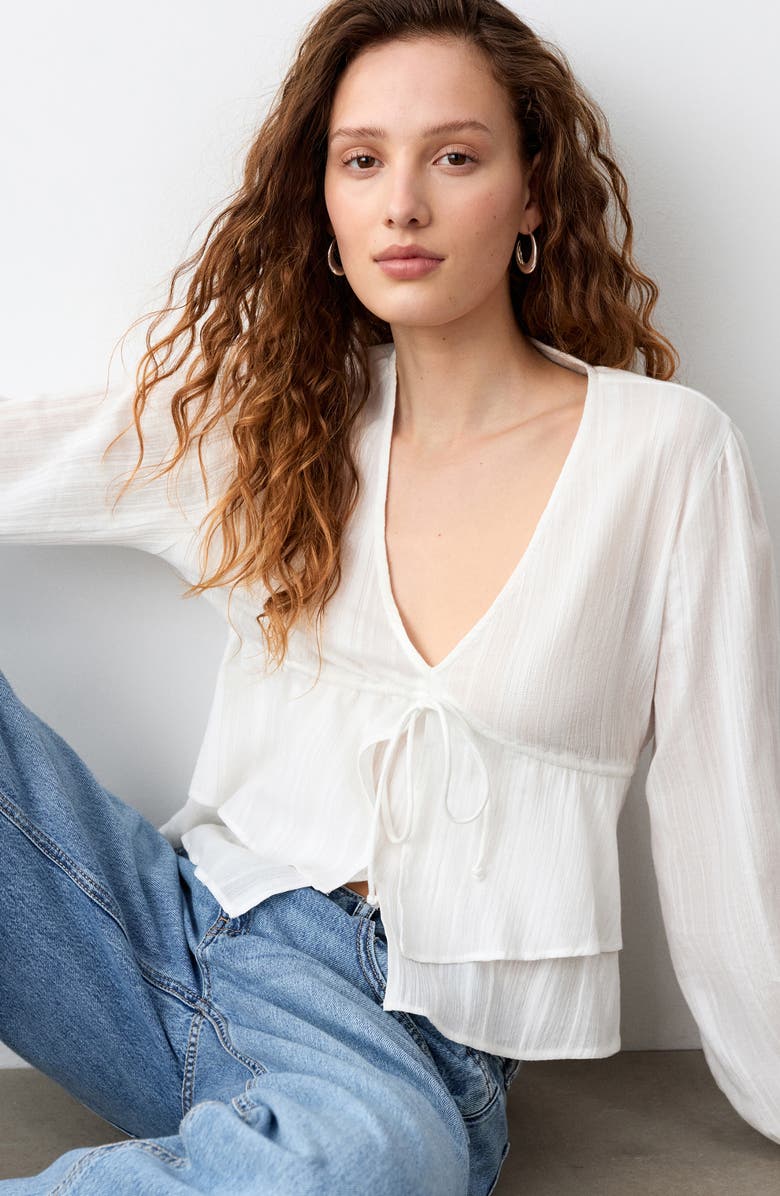 MANGO TEEN Long Sleeve Ruffle Bow Top, Alternate, color, Off White