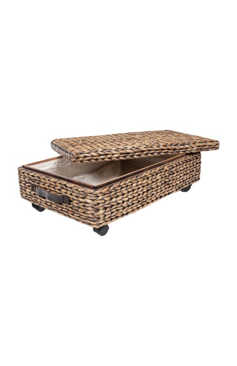 Chett Minimalist Hand-Woven Hyacinth/Wood Underbed Storage Bin with Wheels and Handles