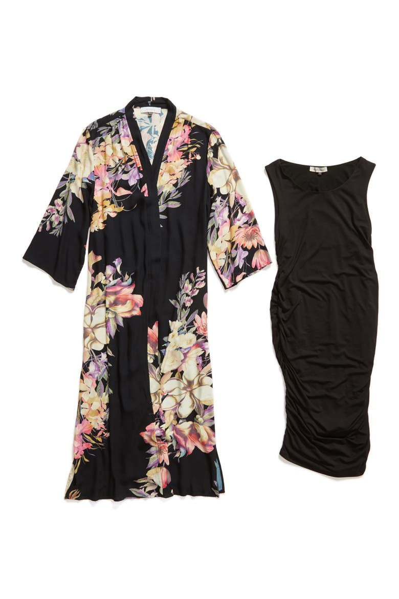 Print Maternity Tank Dress & Duster Cardigan, Alternate, color, BLACK FLORAL PRINT