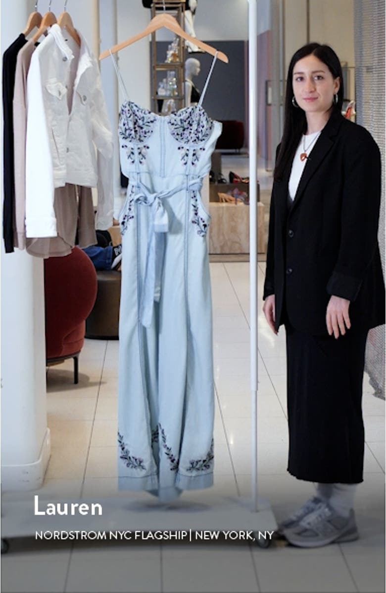 Brigitte Embroidered Wide Leg Denim Jumpsuit, sales video thumbnail