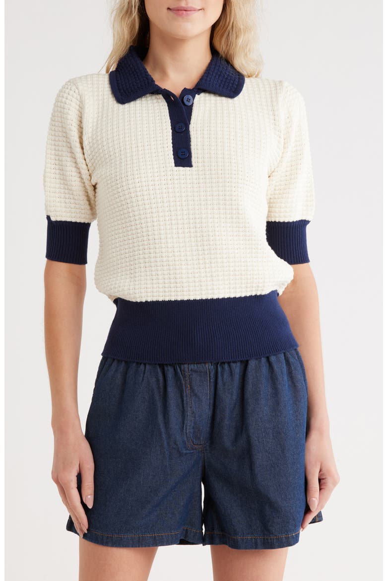 Short Sleeve Polo Sweater, Main, color, IVORY/ NAVY