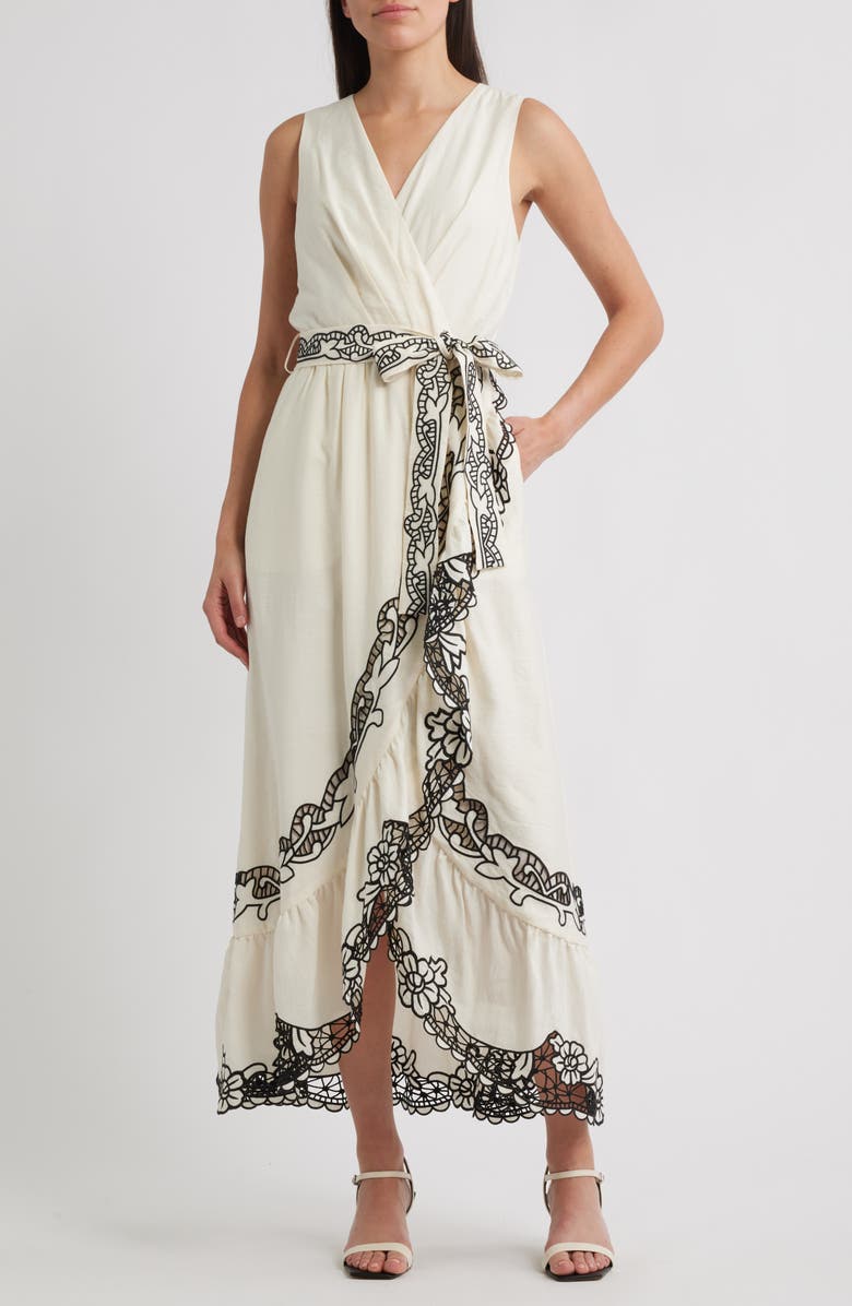Elie Tahari Poppy Embroidered Faux-Wrap Maxi Dress, Main, color, 