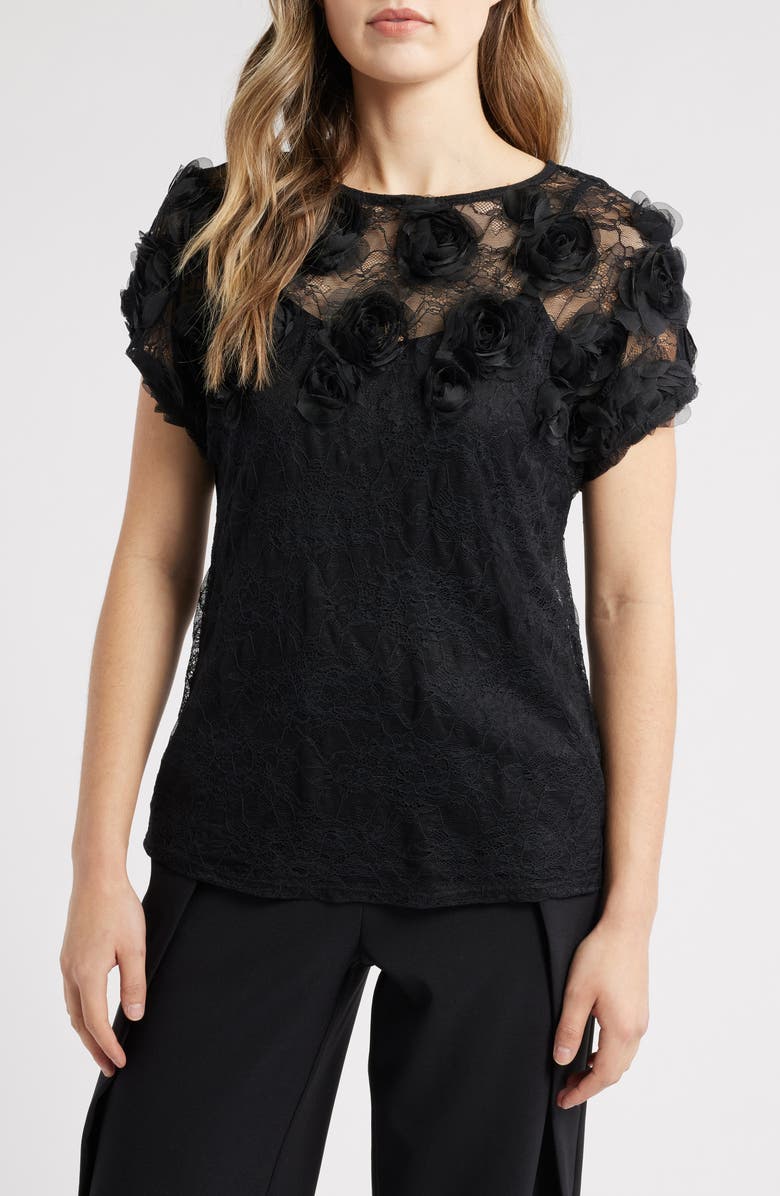 Anne Klein Rosette Border Lace Overlay Top, Main, color, 
