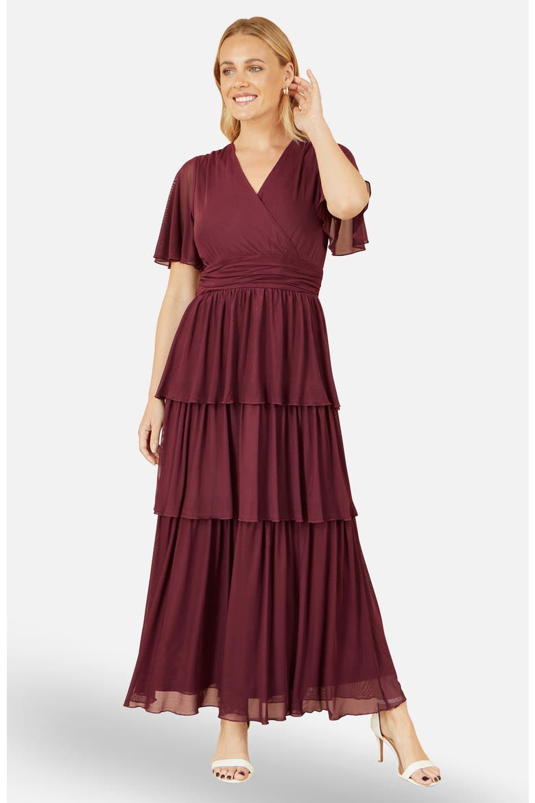 Mesh V-Neck Tiered Maxi Dress, Alternate, color, Burgundy
