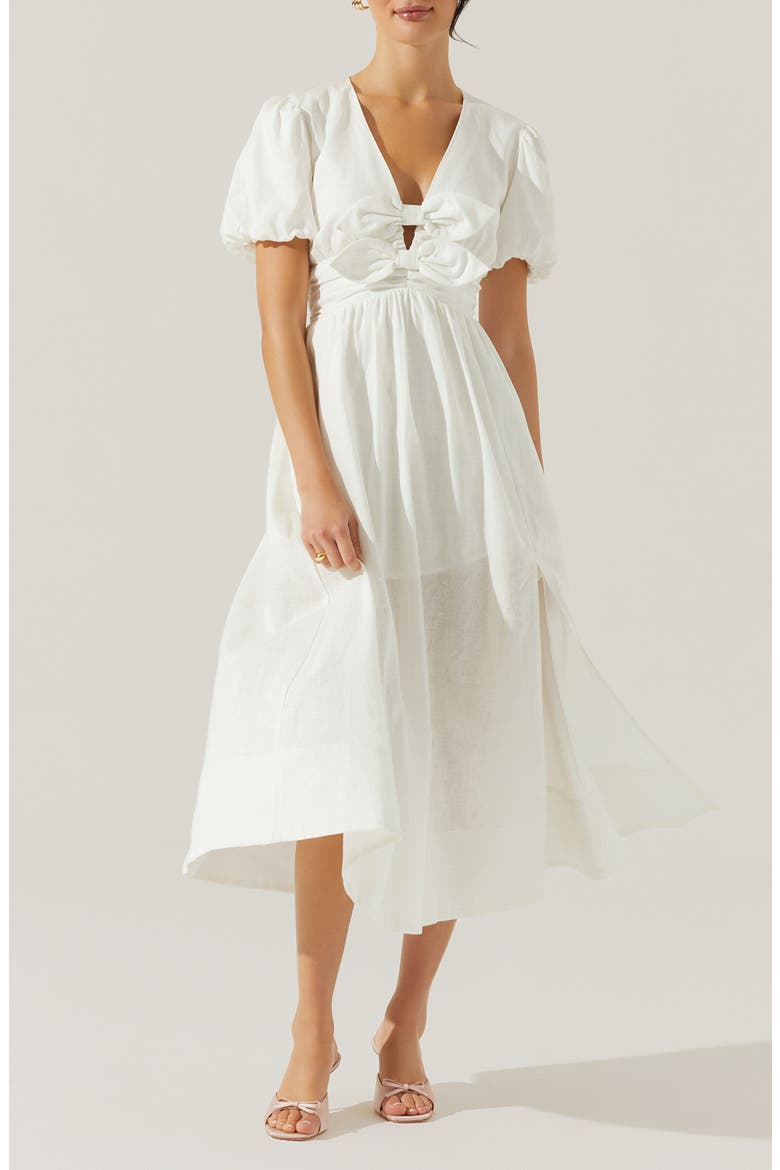 Citrine Bow Linen & Cotton Midi Dress, Main, color, WHITE