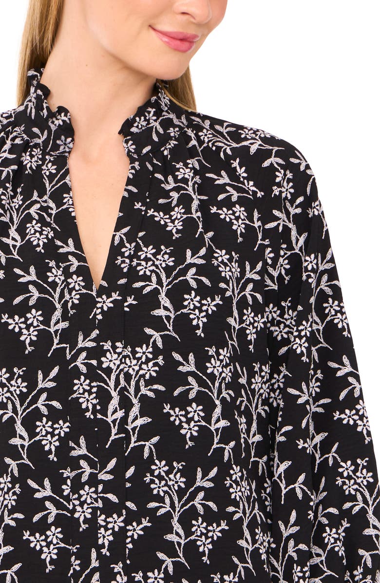 CeCe Floral Embroidered Ruffle Neck Top, Alternate, color, Rich Black