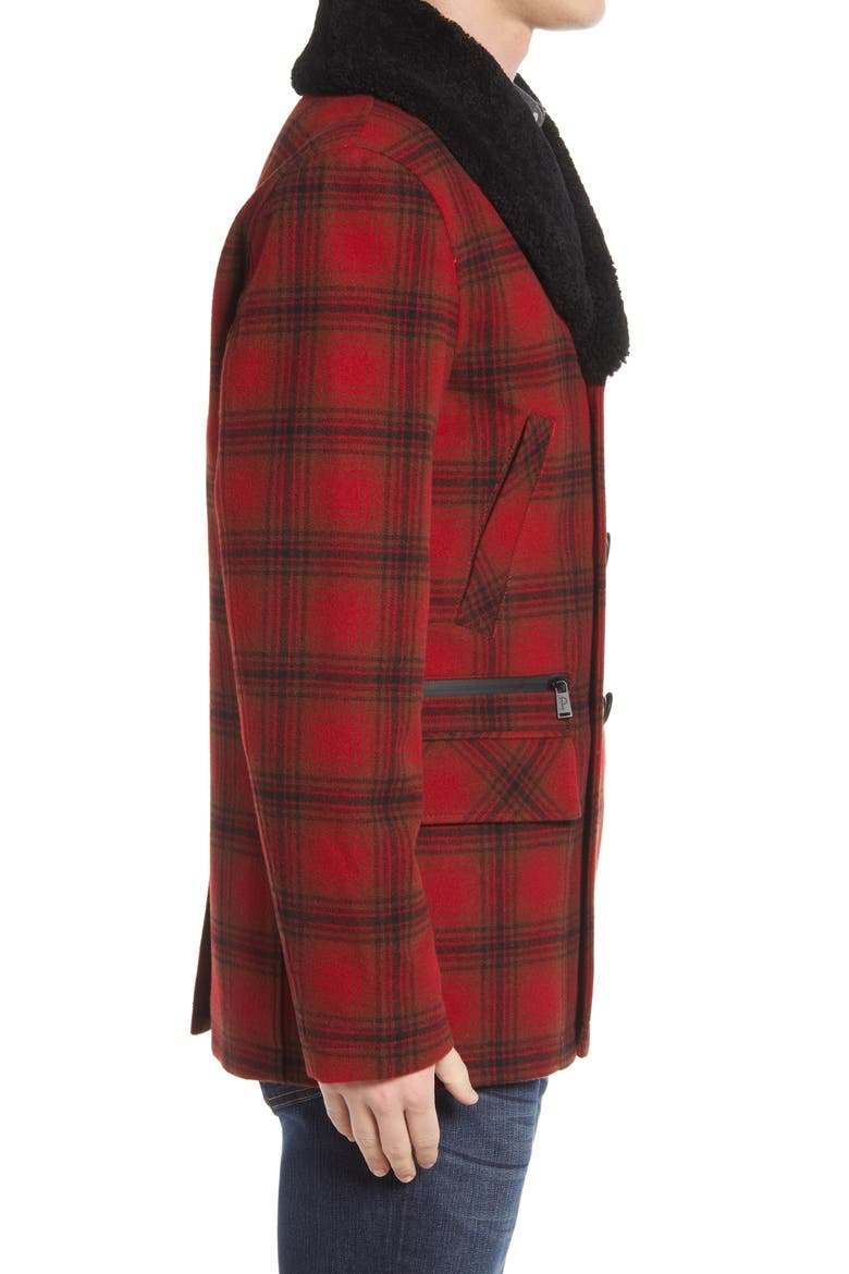 Tribeca Genuine Shearling Trim Plaid Coat, Alternate, color, RED/CHARCOAL/DEEP OLIVE PLAID