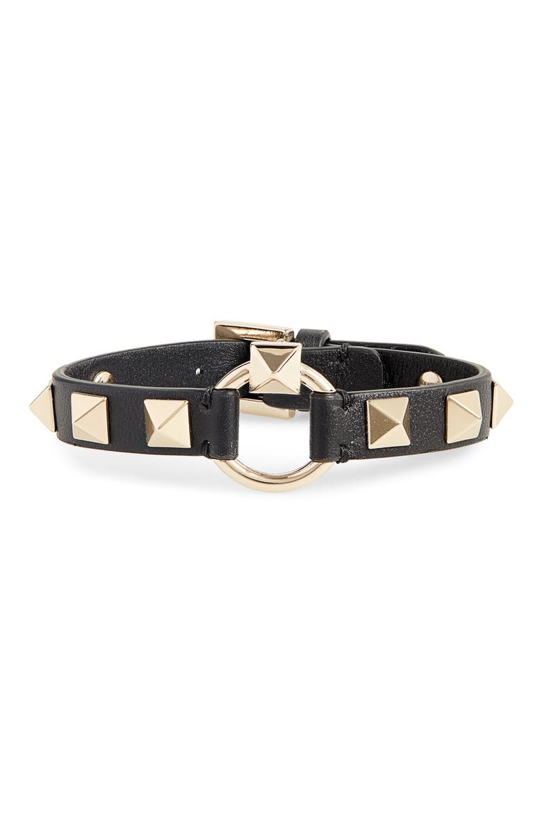 Valentino Rockstud Leather Bracelet, Main, color, BLACK