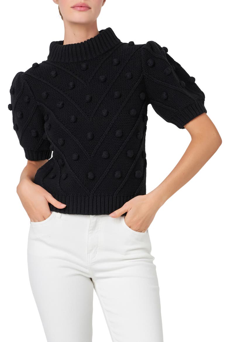 Pompom Puff Sleeve Sweater, Main, color, BLACK