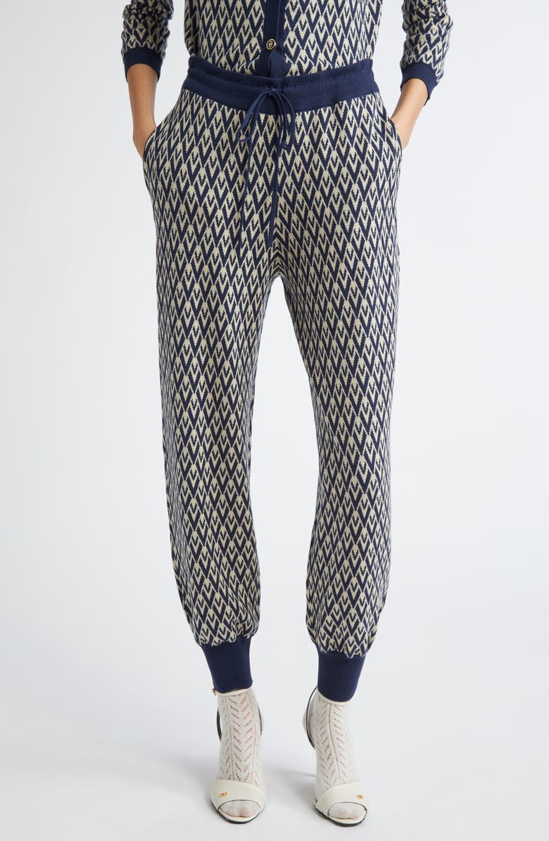 Valentino Garavani Toute la V Jacquard Virgin Wool Joggers, Main, color, Navy/ Cream