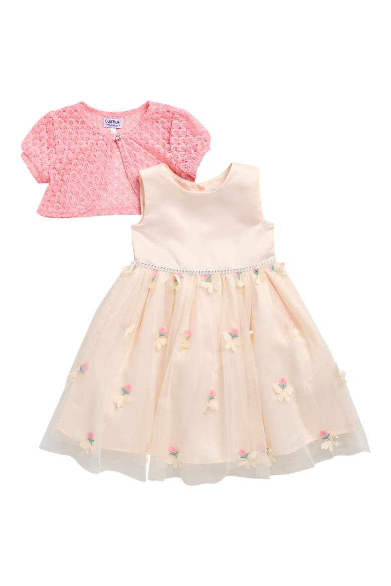 Kids' Floral Embroidered Party Dress & Lace Shrug Set, Main, color, CREAM