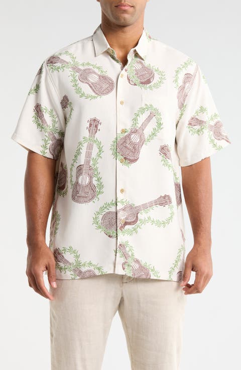 Ukulele Mele Print Short Sleeve Button-Up Shirt