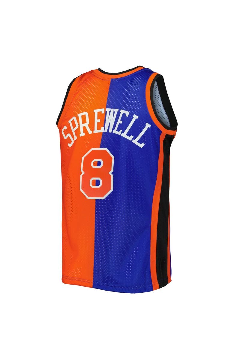 Mitchell & Ness Men's Mitchell & Ness Latrell Sprewell Blue/Orange New York Knicks Hardwood Classics 1998/99 Split Swingman Jersey, Alternate, color, 