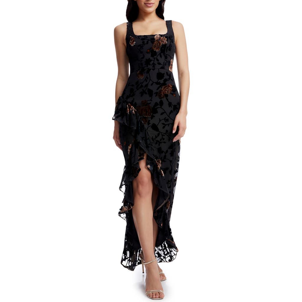 Dress The Population Charlene Mixed Floral Velvet Burnout Gown In Black Multi