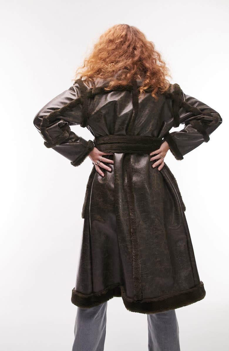 Topshop Belted Long Aviator Coat with Faux Fur Trim, Alternate, color, 