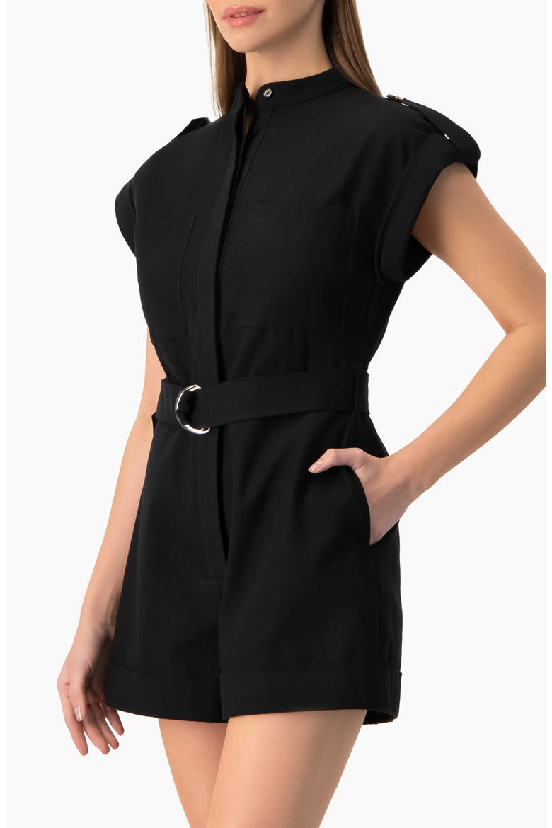 Structured D-Ring Belt Collared Sleeveless Jumpsuit Romper, Alternate, color, Black
