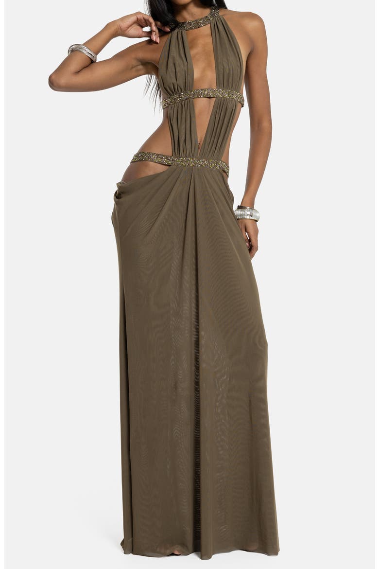 Bead Detail Plunge Neck Open Back Maxi Dress, Alternate, color, GREEN