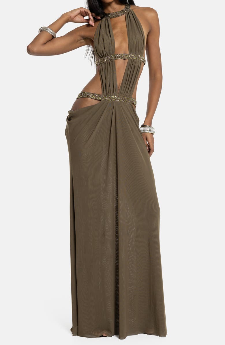 JADED LONDON Bead Detail Plunge Neck Open Back Maxi Dress, Alternate, color, Green