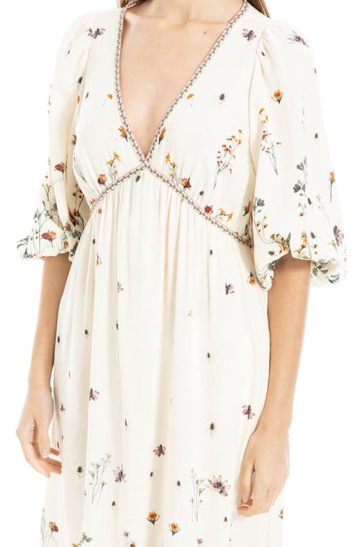 Max Studio Puff Sleeve Plunge Neck Midi Dress In White/floral