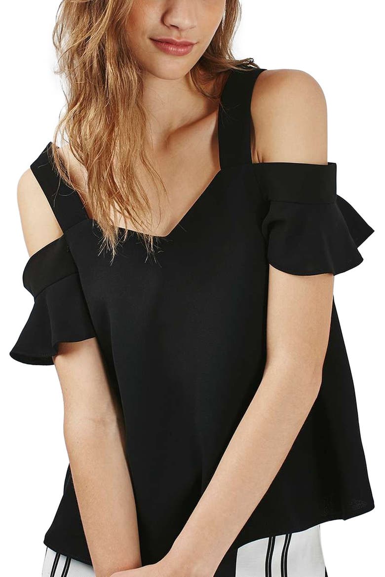 'Polly' Ruffle Bardot Top, Main, color, BLACK