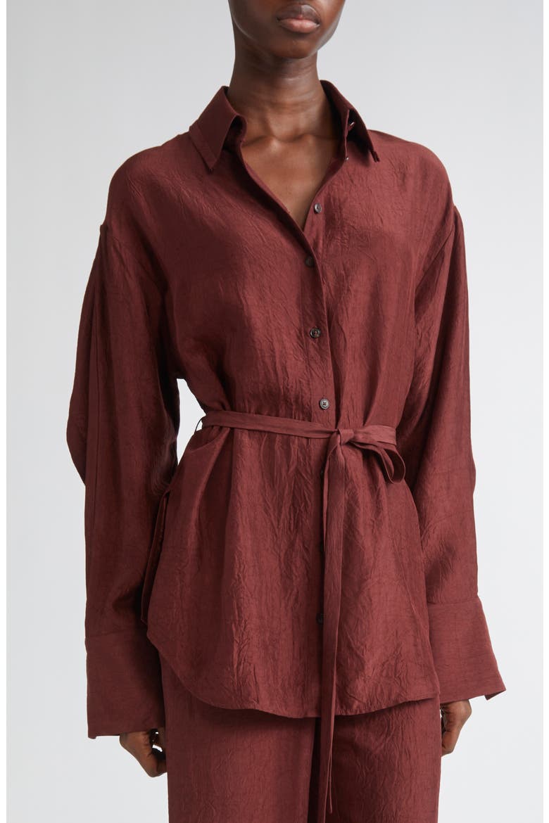 Oversize Belted Crinkled Satin Button-Up Top, Alternate, color, MEDJOOL