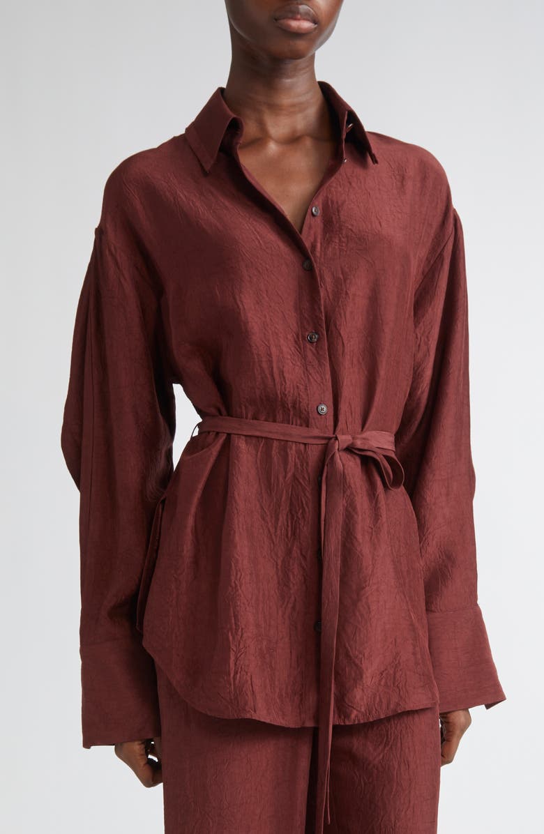 Jason Wu Collection Oversize Belted Crinkled Satin Button-Up Top, Alternate, color, Medjool