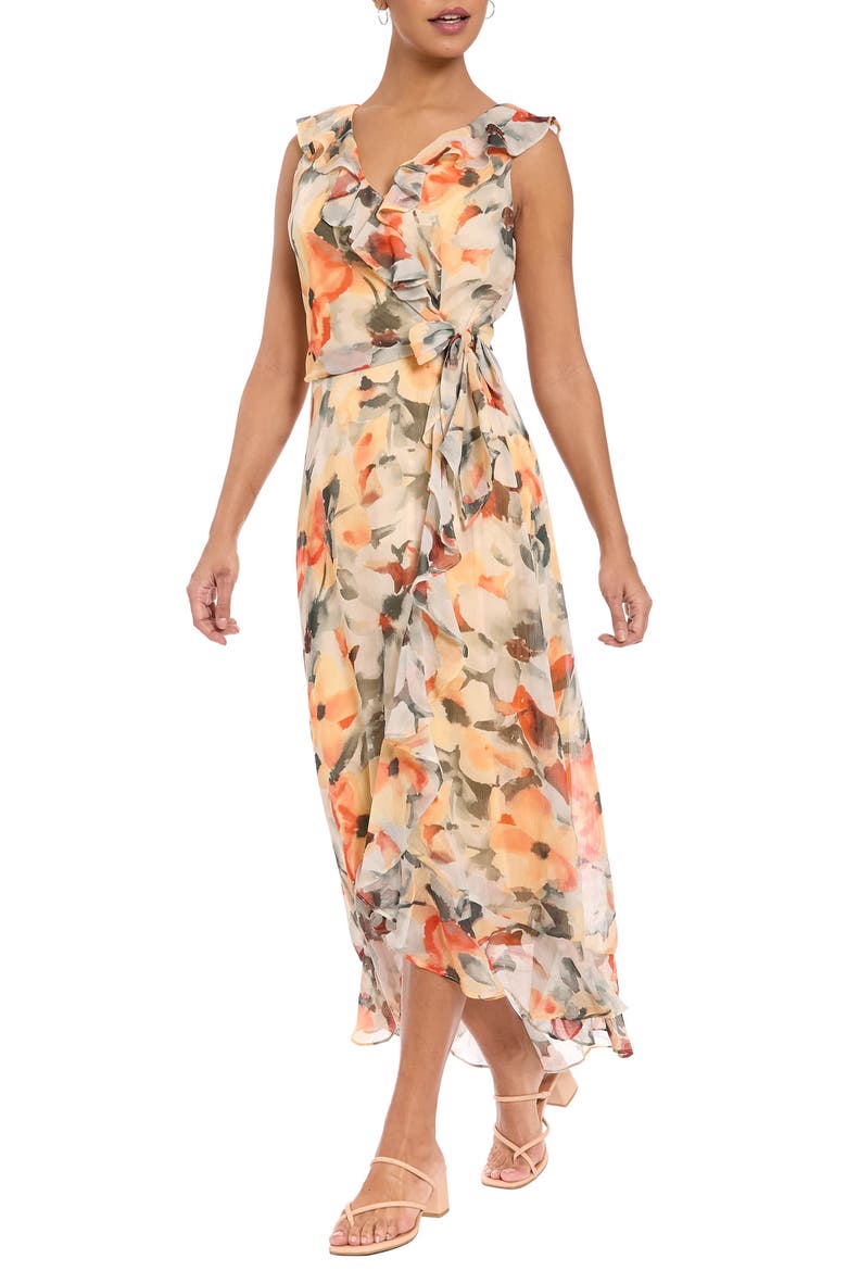 Ruffle Faux Wrap Midi Dress, Alternate, color, SOFT WHITE/ GREY