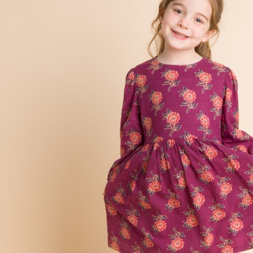 Beet World Girls' Long Sleeve Dress With Floral Motif In Purple & Red