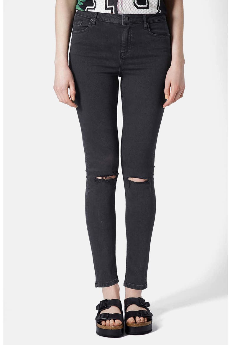 Moto 'Jamie' Ripped High Rise Ankle Skinny Jeans, Main, color, BLACK