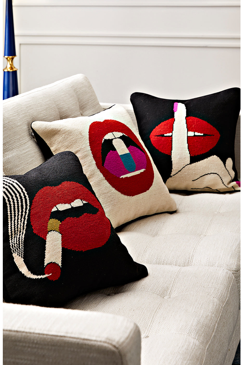 Lips Needlepoint Throw Pillow, Alternate, color, Lips Hush