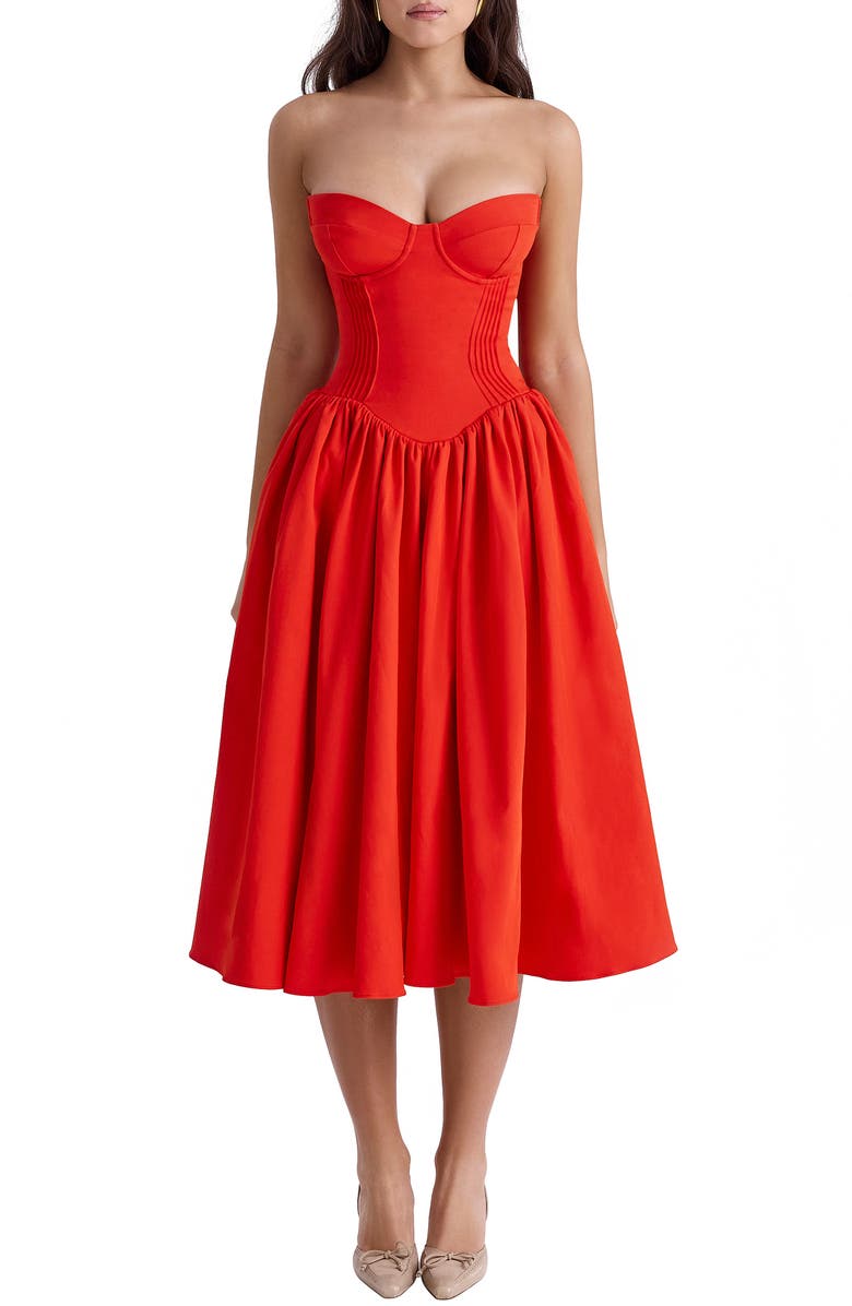 HOUSE OF CB Elizabeth Strapless Corset Fit & Flare Midi Dress, Main, color, Flame Scarlet